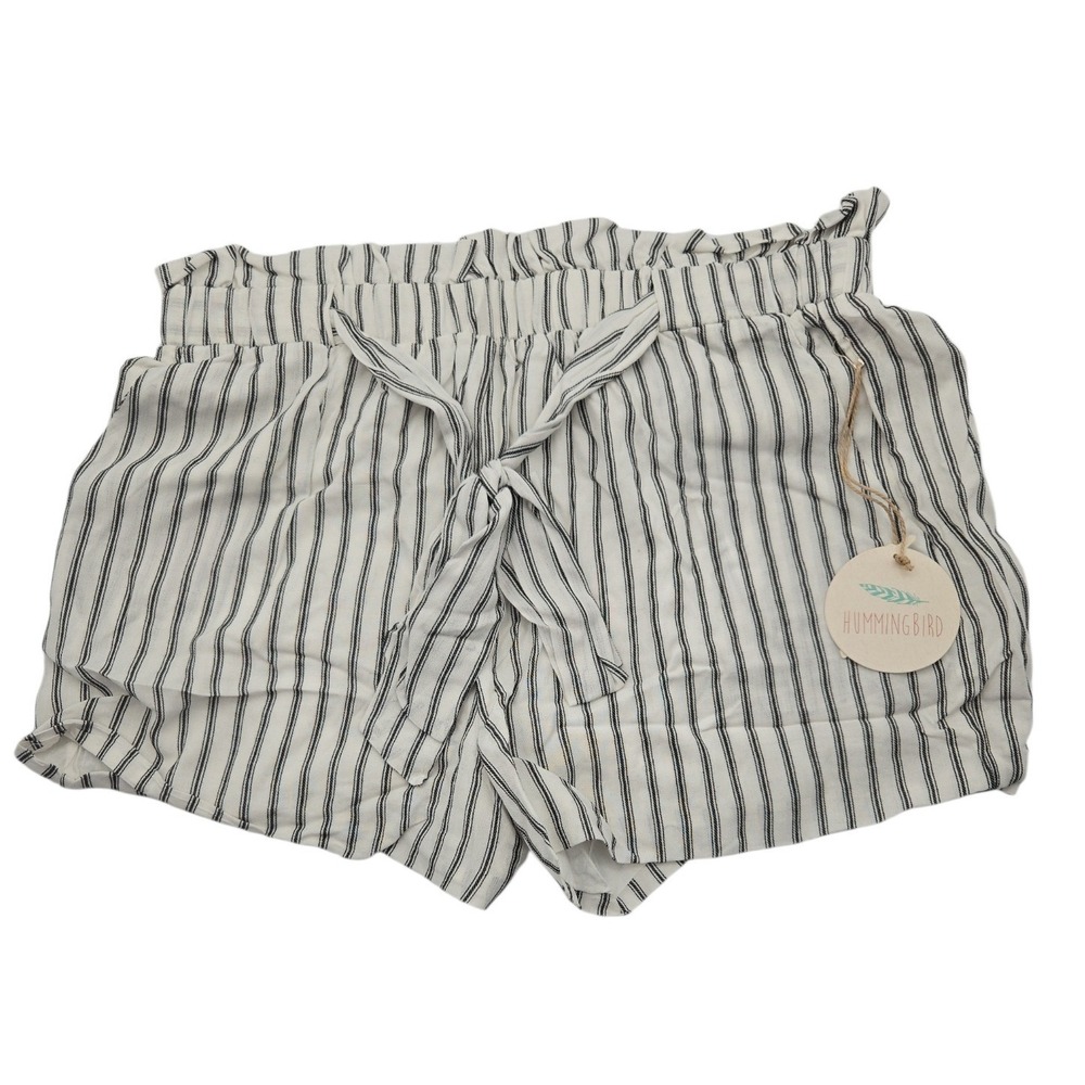 Hummingbird Women's Striped Paperbag Waist Shorts Tie Front Linen Blend NWT Cute